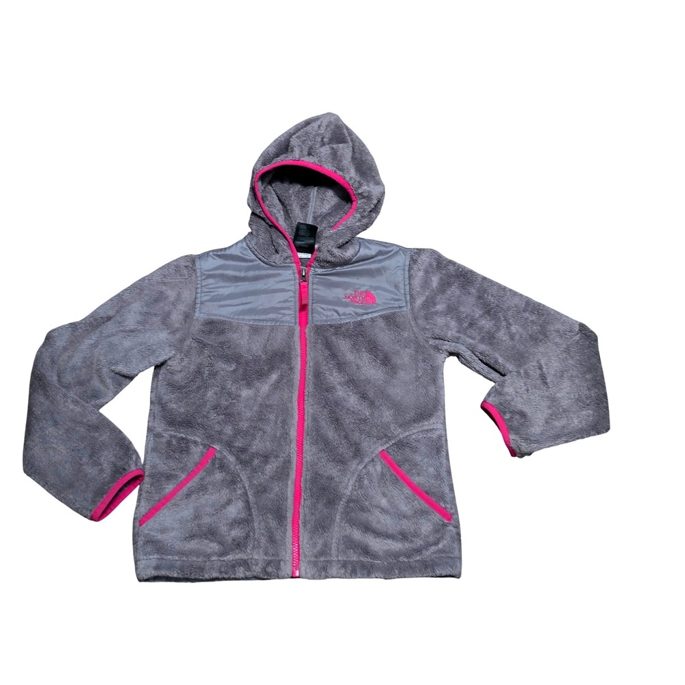 The North Face Girls Osito Hooded Fleece Jacket Grey Pink Full Zip Size M 10/12